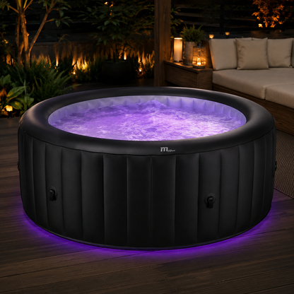AURORA Luxury Inflatable Spa by Veluralife beside modern architectural retreat during golden sunset