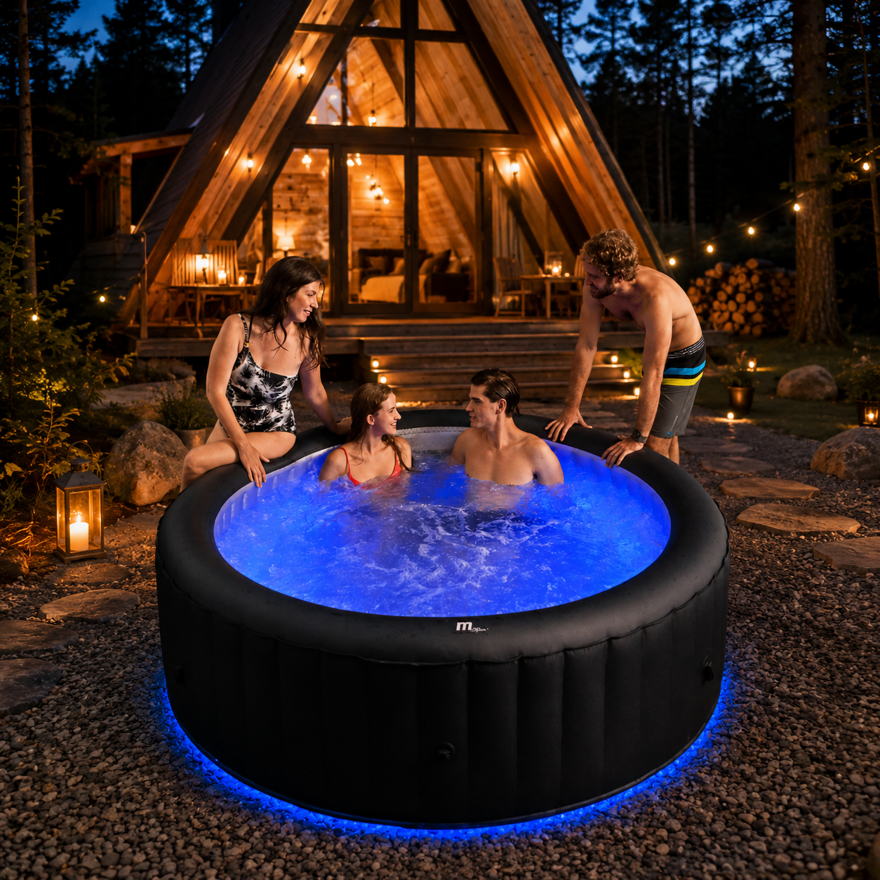 AURORA Luxury Inflatable Spa beside modern architectural cabin at dusk 