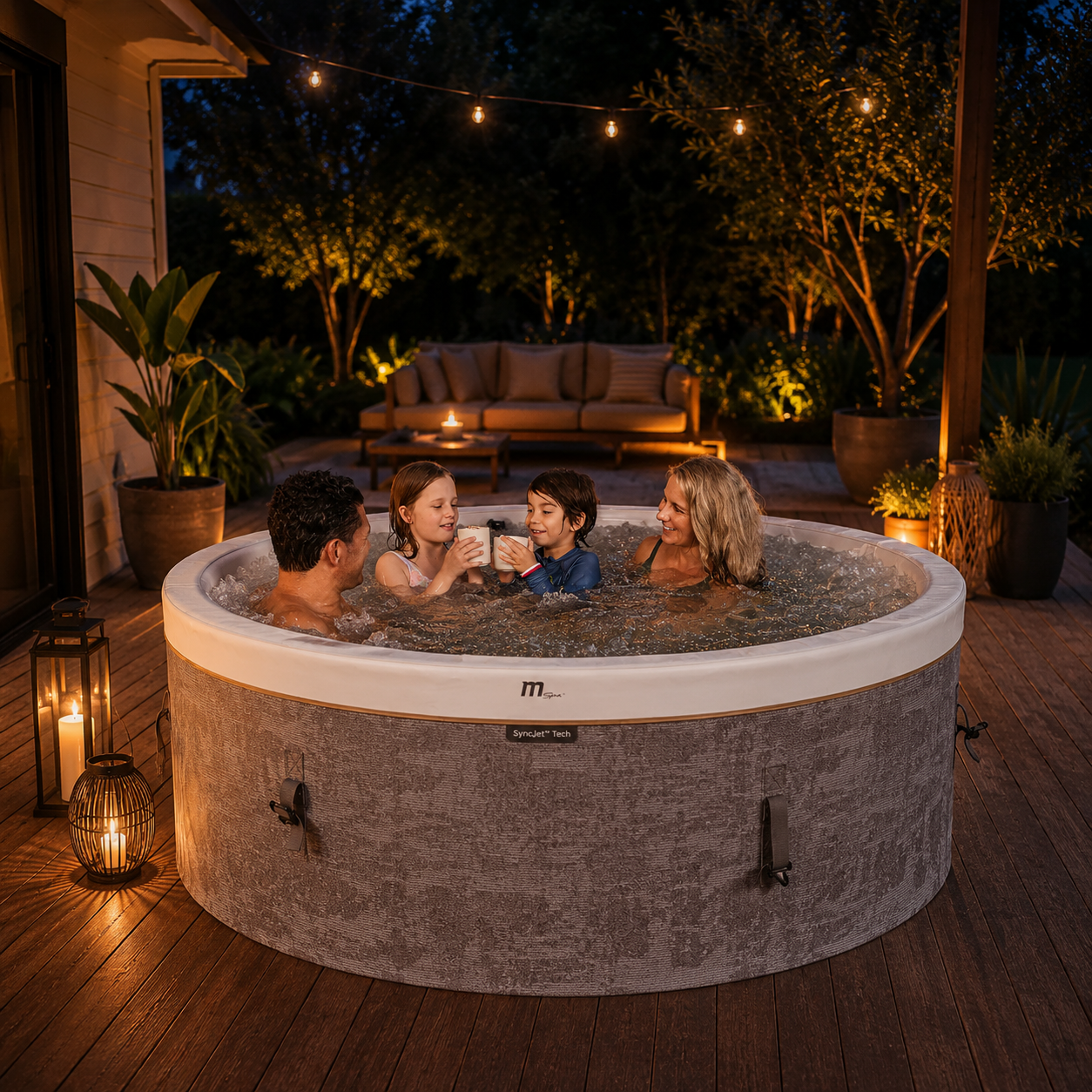 COCOON Luxury Portable Spa beside modern architectural home at golden hour
