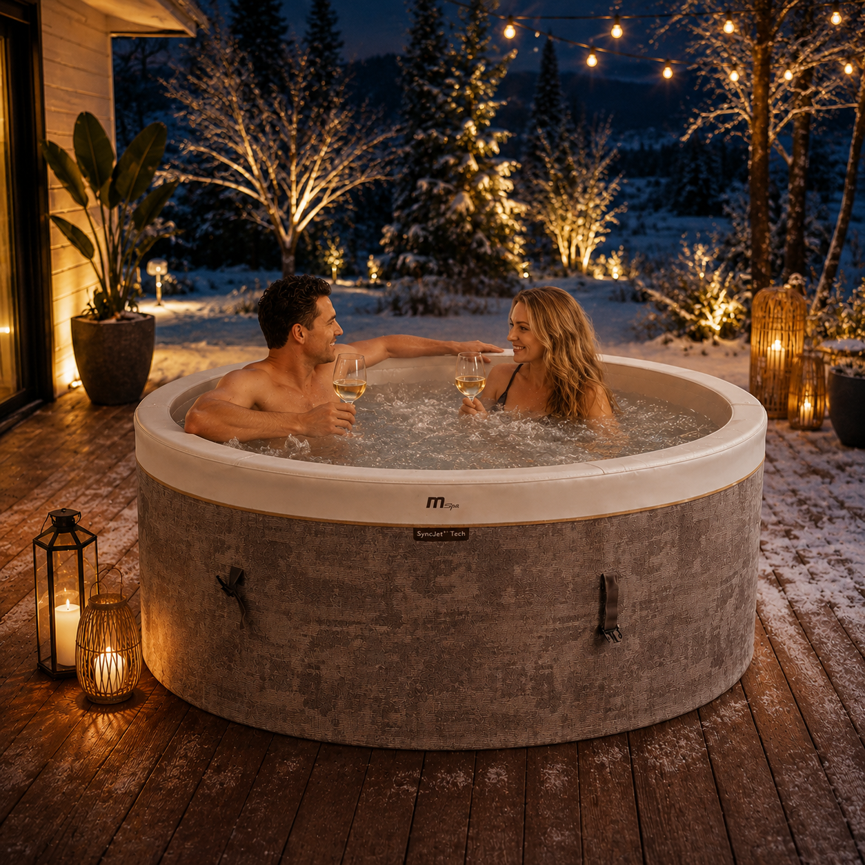 COCOON Luxury Portable Spa in luxury winter outdoor setting with steaming spa water