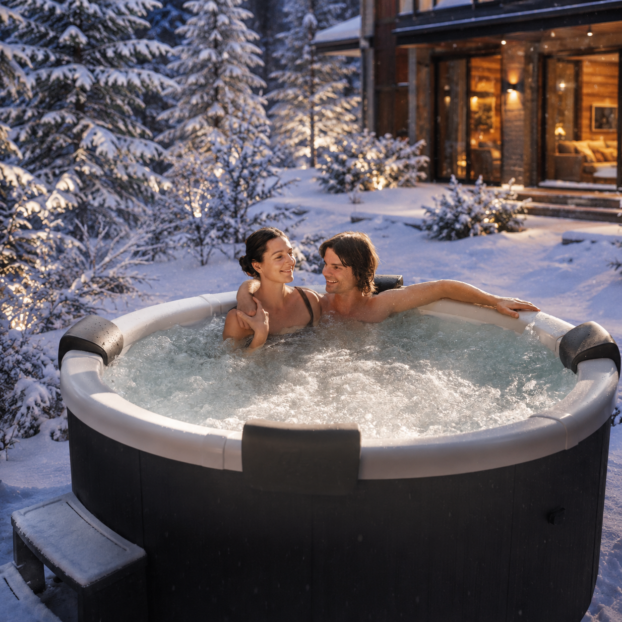 DENVER Luxury Frame Spa in luxury winter outdoor setting with steaming spa water