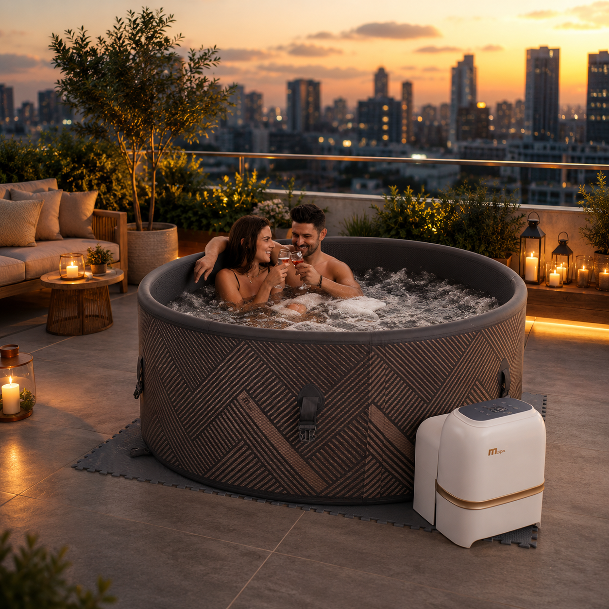 MONO Luxury Portable Spa beside modern architectural home at golden hour