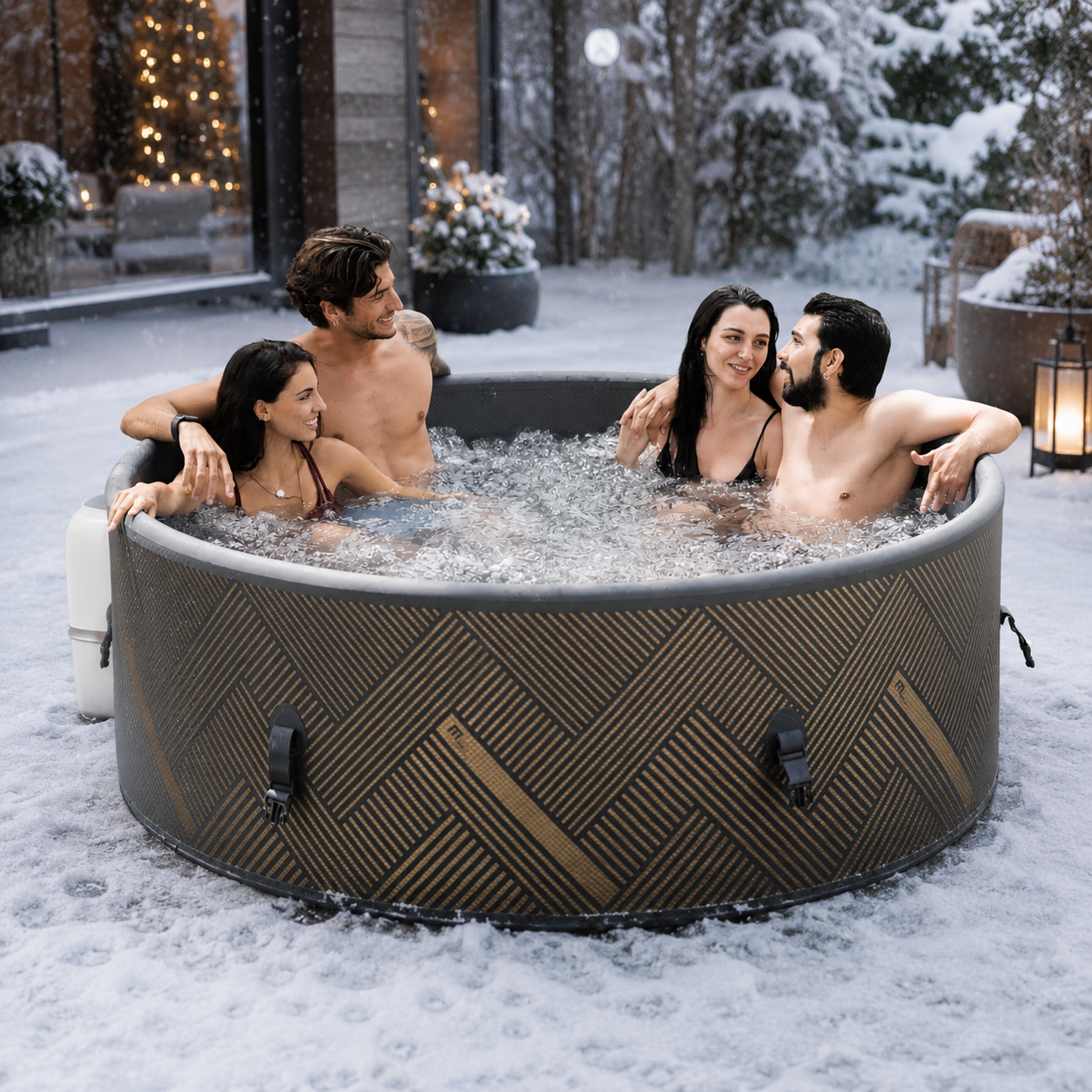 MONO Luxury Portable Spa in luxury winter outdoor setting with steaming spa water