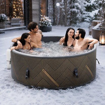 MONO Luxury Portable Spa in luxury winter outdoor setting with steaming spa water