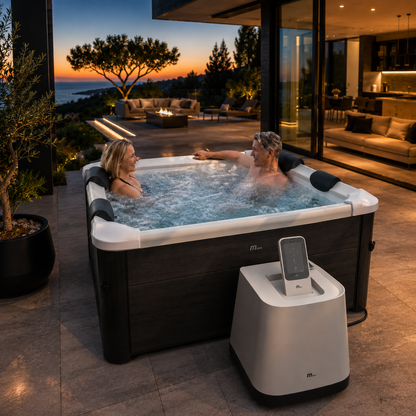 OSLO Luxury Frame Spa beside modern architectural home at golden hour