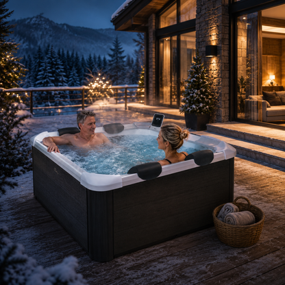 OSLO Luxury Frame Spa in luxury winter outdoor setting with steaming spa water