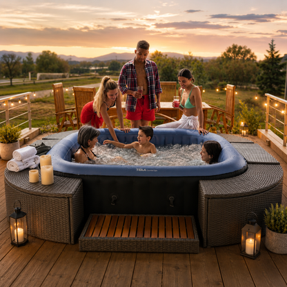 TEKAPO Luxury Inflatable Spa beside modern architectural home at golden hour
